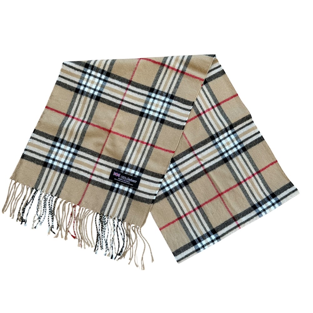 100% Cashmere Scarf Made in Scotland Tan Plaid Check Fringe Unisex Winter Wrap